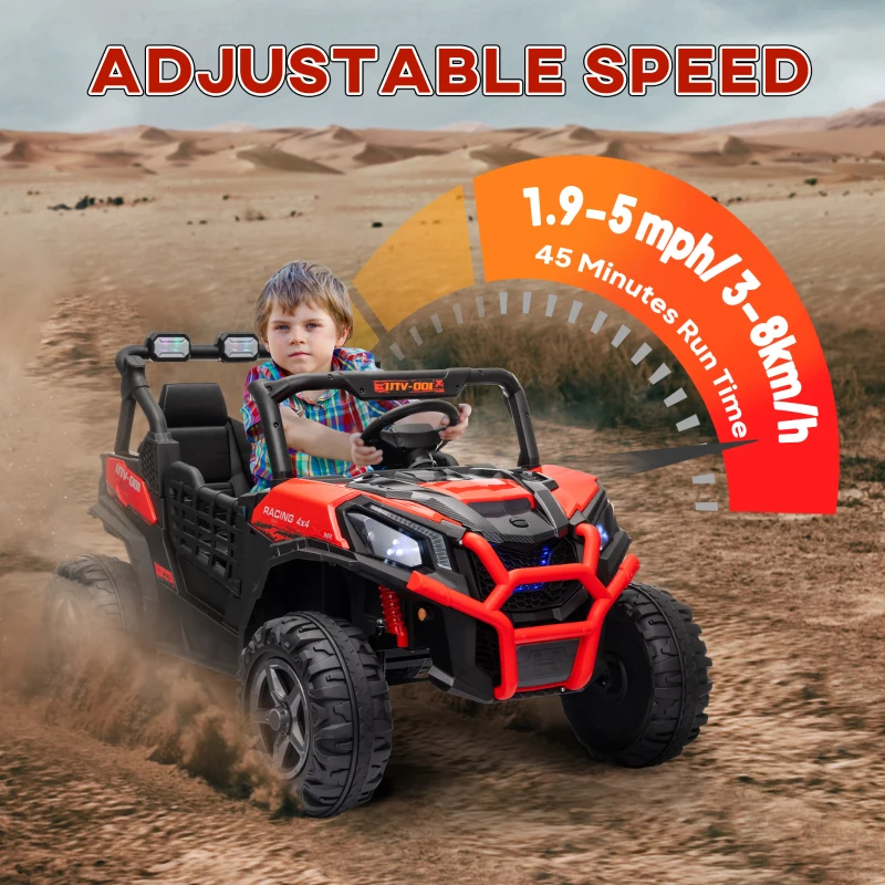 Qaba 2 Seater 24V Electric Car for Kids w/ Remote Control, 3 Speed, LED Lights, Music, Horn, Spring Suspension, Red