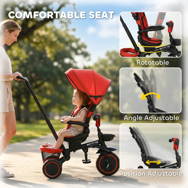 Aosom Tricycle for Toddler 6-in-1 Kids Trike, Foldable Converts Stroller to Baby Push Bike, Adjustable Backrest with Detachable Guardrail & Handle, Brake for 1-4 Years Old, Red