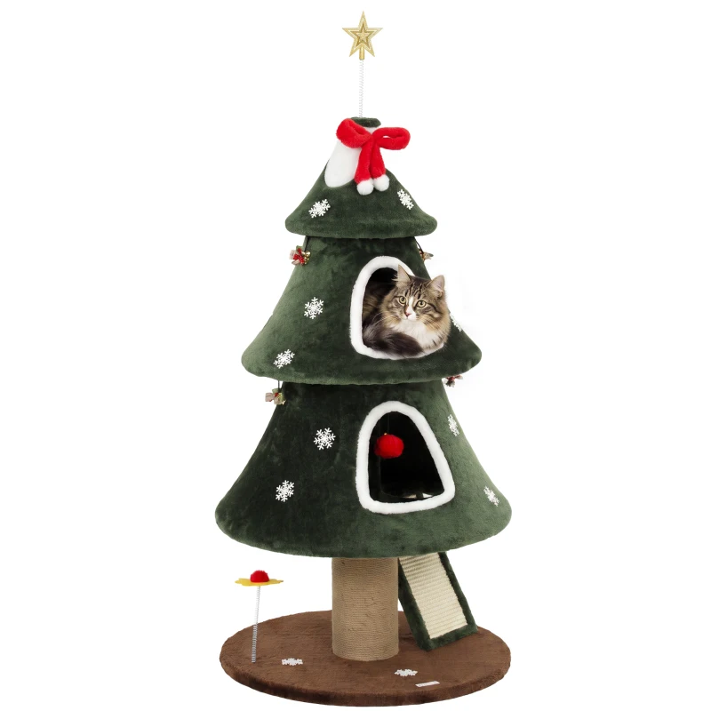 PawHut 52" Christmas Cat Tree, 2-Tier Cat Tower with Dual Condos, Scratching Posts, Sisal Ladder, Anti-Tip Rope