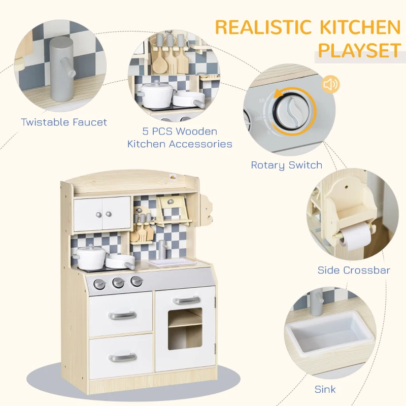 Qaba Kids Wooden Play Kitchen Set, Pretend Cooking Toy with Drawers, Faucet, Sink, Pots, Natural Wood