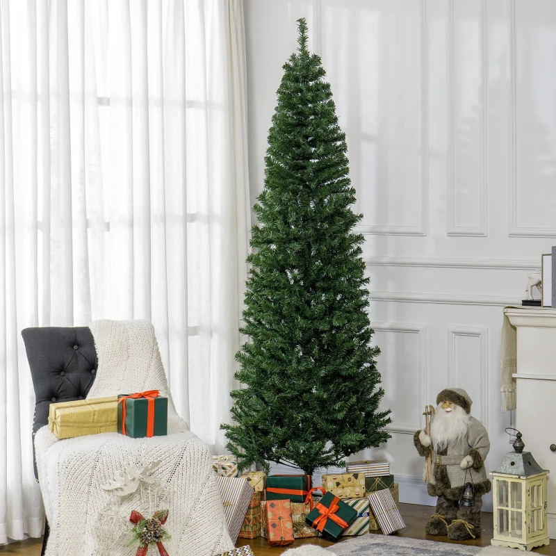 HOMCOM 7 FT Artificial Christmas Tree Pencil Xmas Tree with Stand, 818 Tips, Holiday Home Indoor Decoration for Party, Green