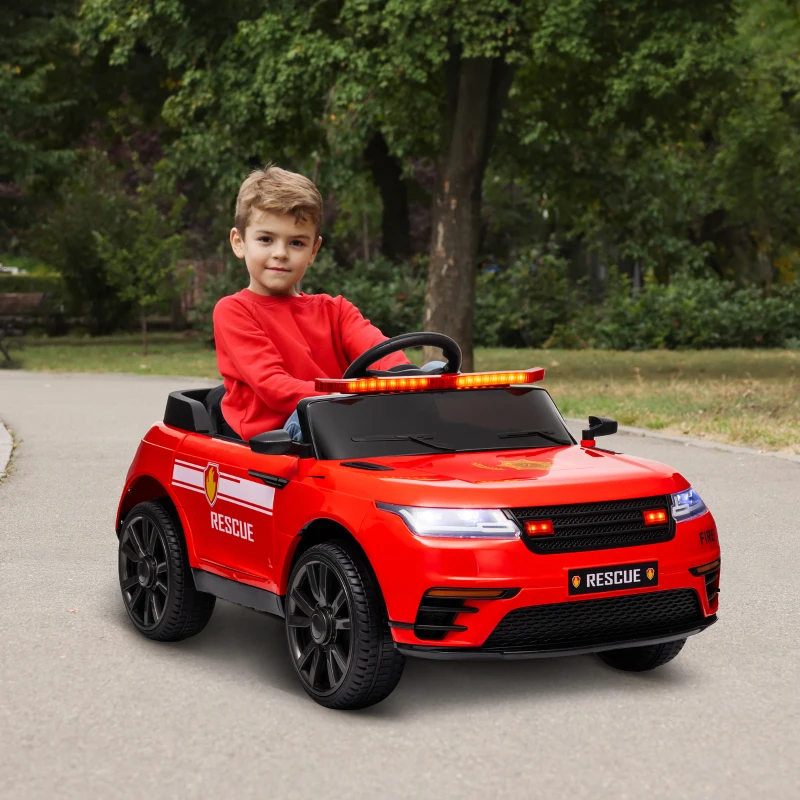 Qaba 12V Kids Electric Fire Truck w/ Remote Control, Spring Suspension, Transport Wheel, Siren, Music, Light, Horn, Red