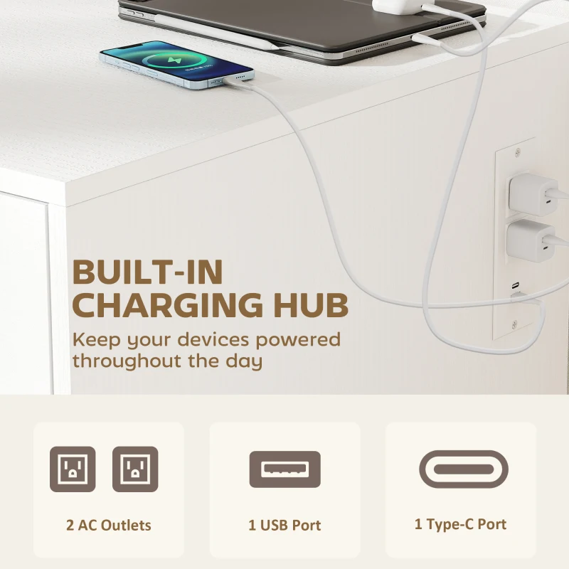HOMCOM L Shaped Desk, 55" Corner Computer Desk with Power Outlets, File Drawer, 2 Drawers, Adjustable Shelves, White