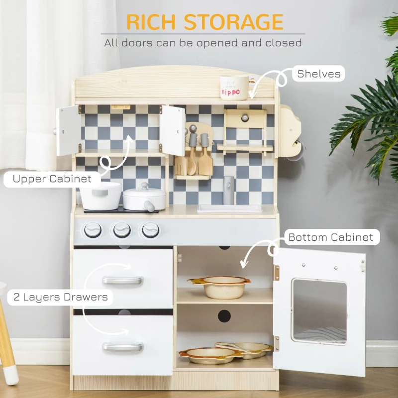 Qaba Kids Wooden Play Kitchen Set, Pretend Cooking Toy with Drawers, Faucet, Sink, Pots, Natural Wood