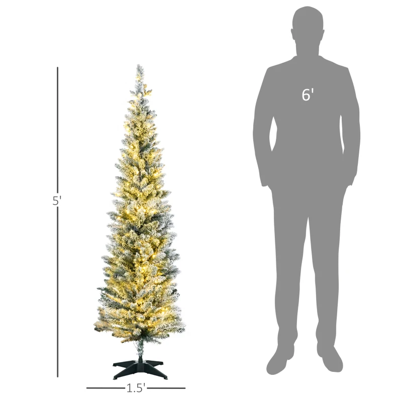 HOMCOM 5ft Pencil Christmas Tree, Slim Artificial Christmas Tree with Realistic Branches and Warm White LED Lights, Green