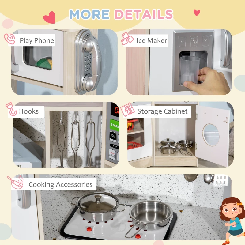 Qaba Wooden Play Kitchen with Lights Sounds, Corner Kids Kitchen Playset with Play Phone, Ice Maker, Microwave, Range Hood, Refrigerator, Utensils, For Ages 3-6 Years Old, White
