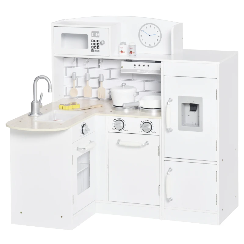 Qaba Corner Kids Kitchen Playset, Wooden Pretend Toy Kitchen Set with Drinking Fountain, Microwave, Fridge and Accessories, Pretend Play Kitchen for 3+ Years, White