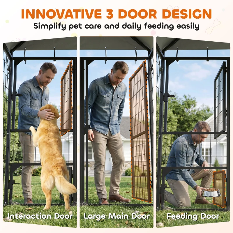 PawHut Large Dog Kennel Outdoor with Roof, 3 Doors, Expandable Heavy Duty Dog Kennel Dog Run for All Breed Sizes, 8' x 4' x 6'