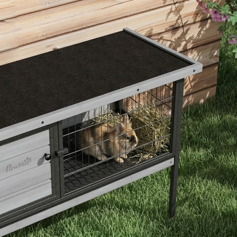 PawHut Wooden Rabbit Hutch Elevated with No Leak Tray, Openable Roof for Indoor/Outdoor, Gray