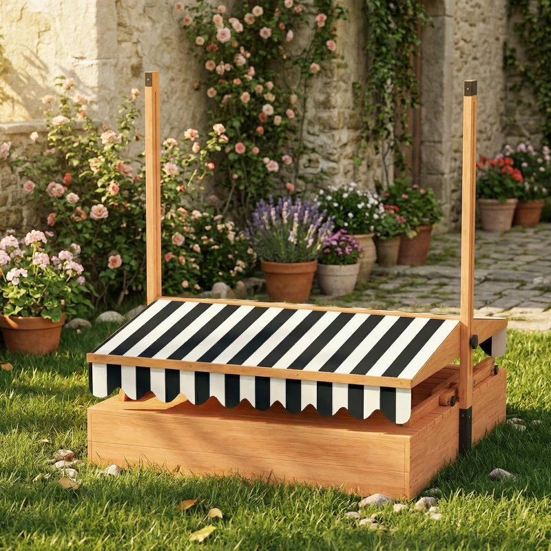 Qaba Kids Sandbox with Lid, Wooden Sand Pit with Canopy, Foldable Picnic Table, Bench Seats, Bottom Liner, Cover, Brown