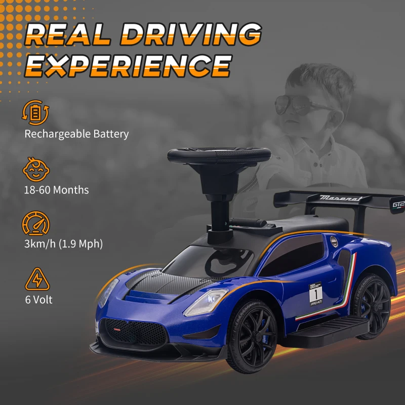 Qaba 6V Maserati GT2 Licensed Electric Car for Kids, Ride on Car with Under Seat Storage, LED Headlights Music, Blue