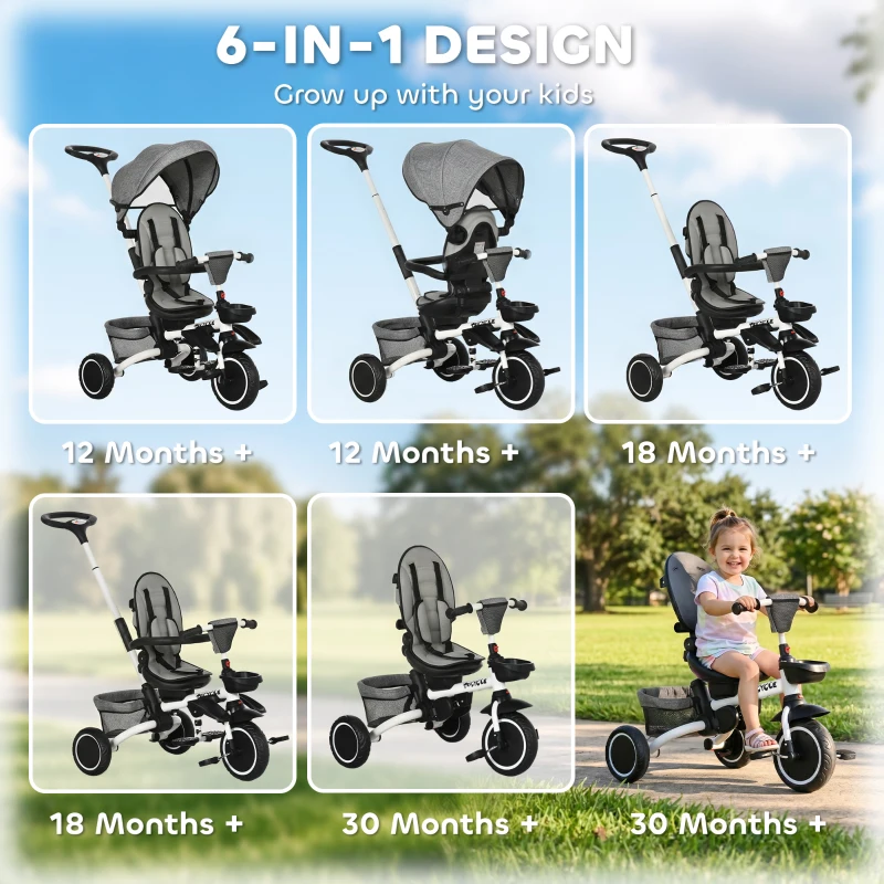 Aosom Tricycle for Toddler 6-in-1 Kids Trike, Foldable Converts Stroller to Baby Push Bike, Adjustable Backrest with Detachable Guardrail & Handle, Brake for 1-4 Years Old, Grey
