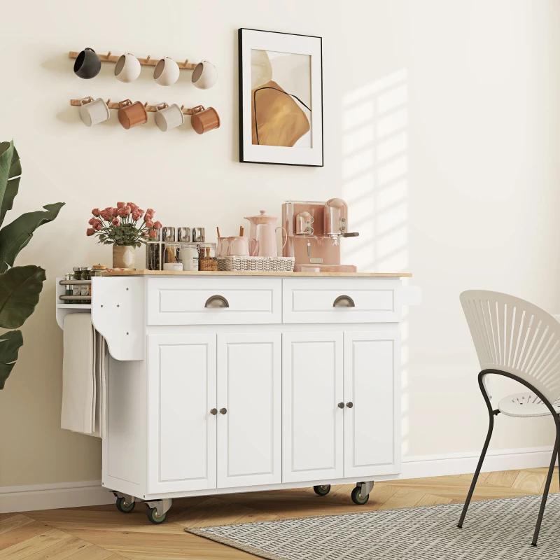 HOMCOM Rolling Kitchen Island Cart with Drop Leaf, Kitchen Cart on Wheels with Wood Top, 2 Drawers and 2 Storage Cabinets, Island Table for Kitchen, Dining Room, White(m-9)