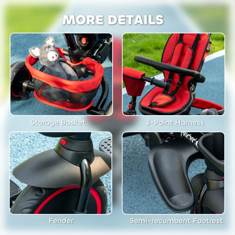 Aosom Tricycle for Toddler 6-in-1 Kids Trike, Foldable Converts Stroller to Baby Push Bike, Adjustable Backrest with Detachable Guardrail & Handle, Brake for 1-4 Years Old, Red