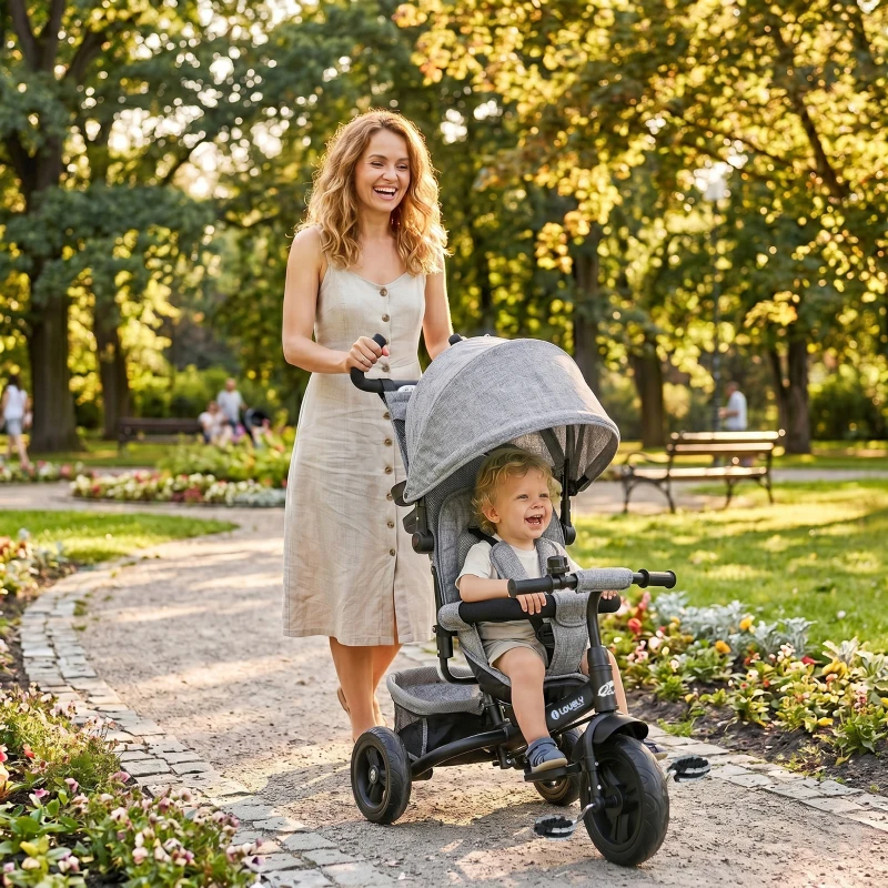 Qaba 6 in 1 Tricycle for Toddler 1-5 Years with Parent-Push Handle, Grey