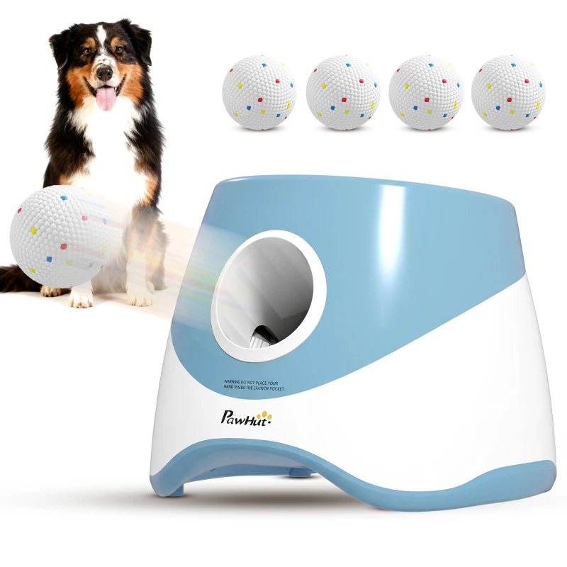PawHut Automatic Dog Ball Launcher with 5 ETPU Balls 2.3", 3 Distance Settings 20ft, 33ft, 46ft, Blue