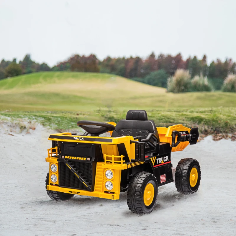 Qaba 12V Kids Ride On Dump Truck Construction Vehicle w/ Electric Dump Bed, Shovel, Spring Suspension Wheels