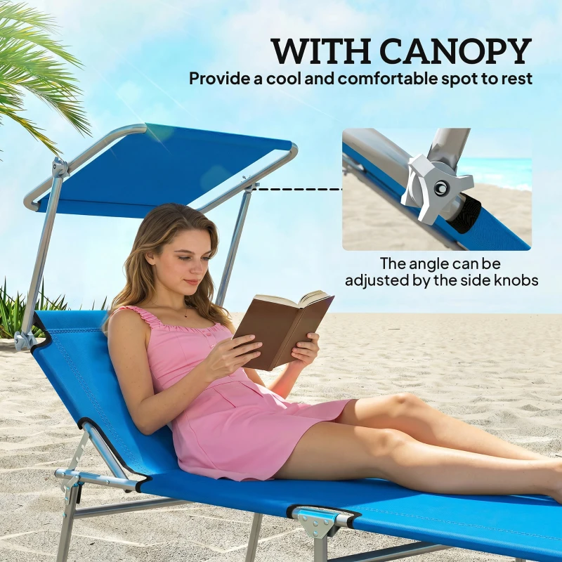 Outsunny Outdoor Pool Chaise Lounge Chair, Folding Tanning Chair with Sun Shade, Blue