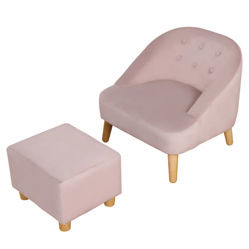 Qaba Kids Sofa Set, Toddler Chair, Sofa & Ottoman for Bedroom, Playroom, Children's Couch for 3-5 Years, Pink