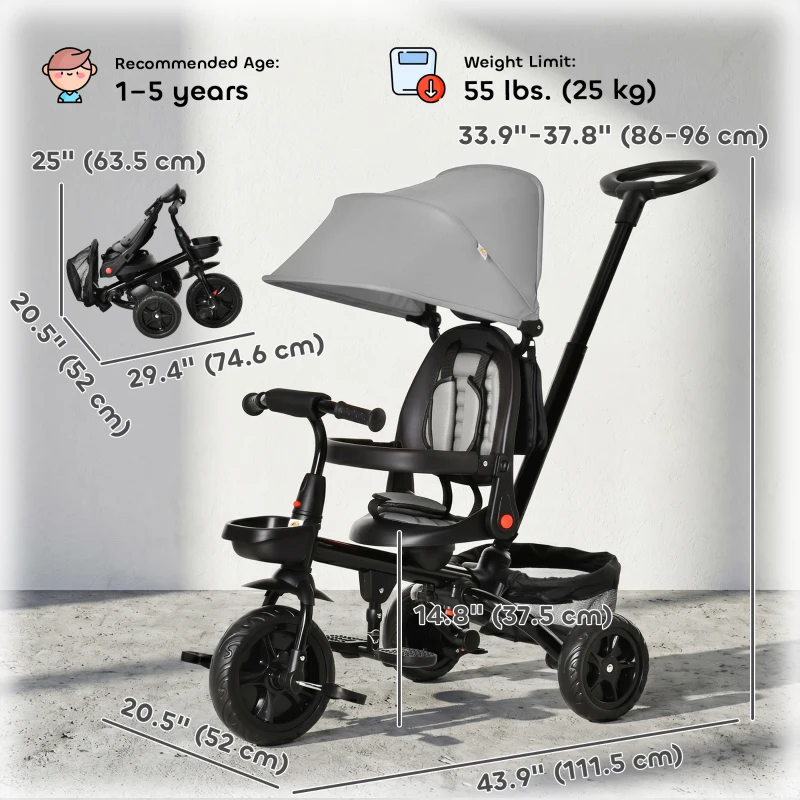 Qaba Tricycle for Toddler 5 in 1 Kids Trike, Foldable Converts Stroller to Toddler Bike, Adjustable Backrest & Curved Canopy, Detachable Guardrail & Handle for 1-5 Years Old, Grey