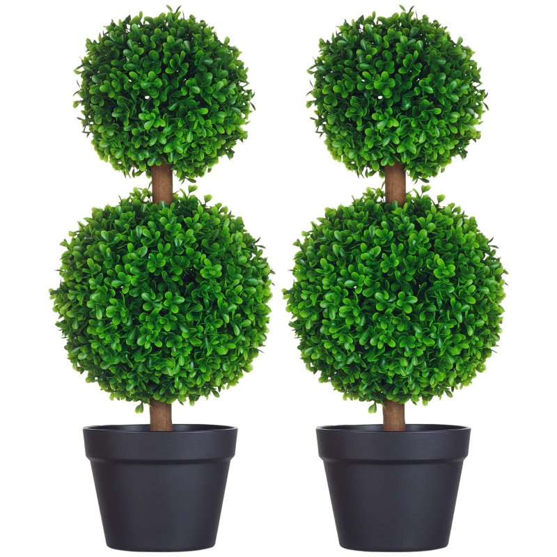 HOMCOM 2 Pcs 23.6" Artificial Boxwood Ball Topiary Tree Set of 2 Fake Plants in Pot with Double Ball-Shaped Leaves Green