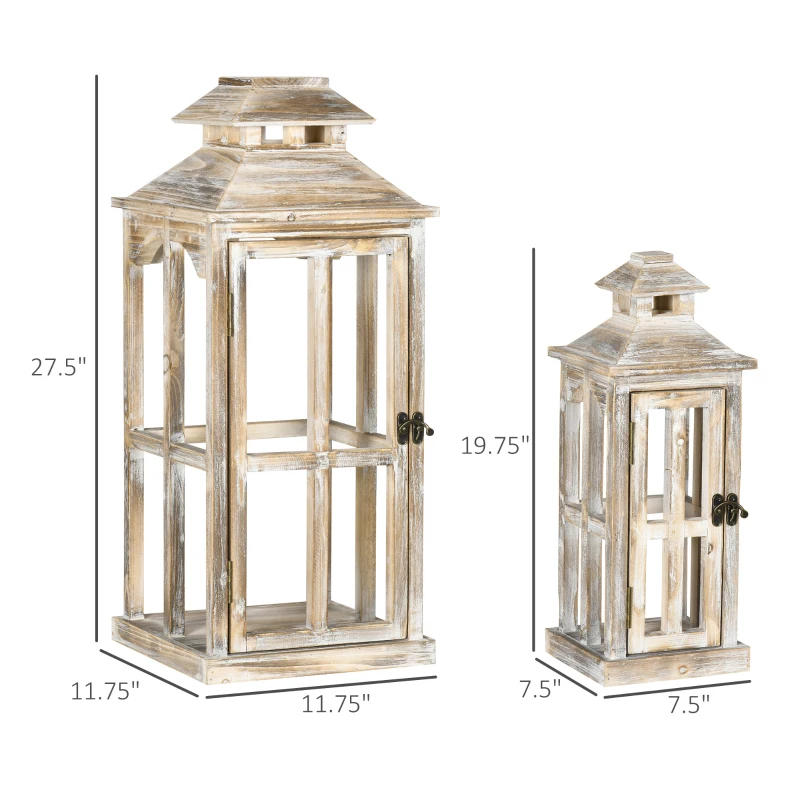 HOMCOM 2 Pack 28"/20" Large Rustic Wooden Lantern Decorative, Indoor/Outdoor Lantern for Home Décor (No Glass), Natural