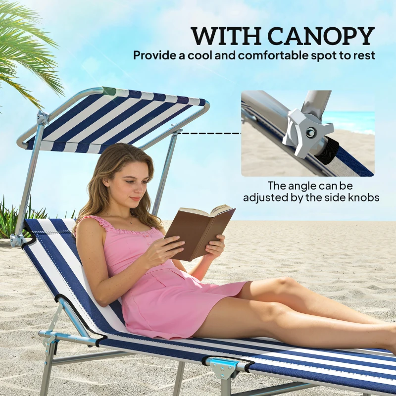 Outsunny Outdoor Pool Chaise Lounge Chair, Folding Tanning Chair with Sun Shade, Blue and White