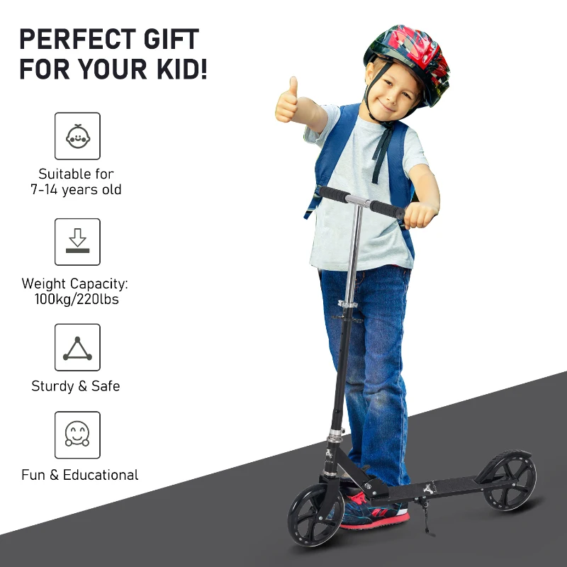Aosom Kids Foldable Kick Scooter with Adjustable Height, Soft Textured Handles, Wide Deck, Brakes for Ages 7-14, 29.5" H - 39" H, Black