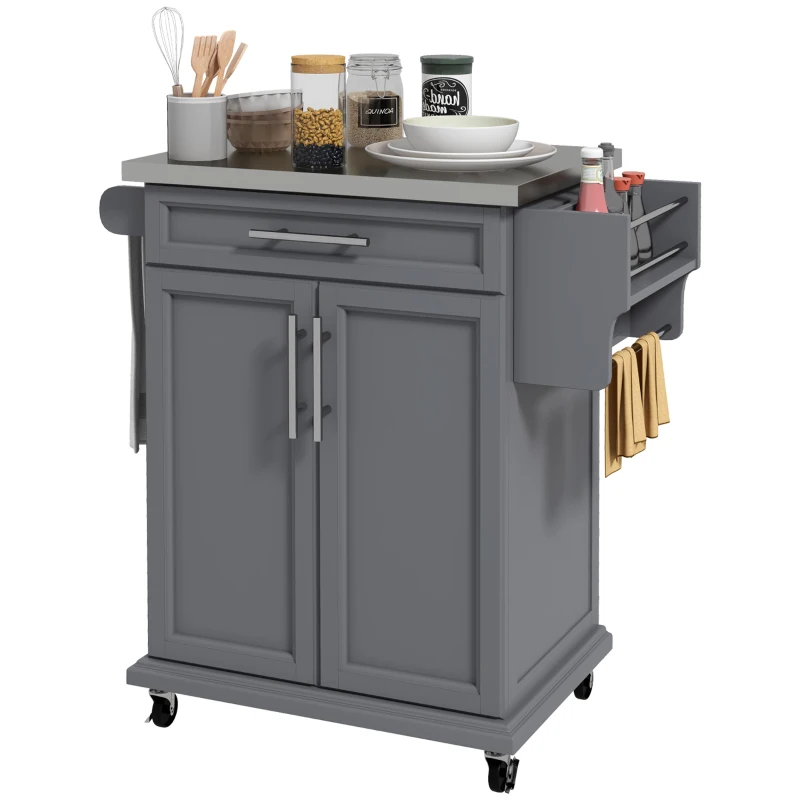 HOMCOM Kitchen Island on Wheels, Rolling Kitchen Cart with Stainless Steel Countertop, Drawer, Towel Rack and Spice Rack, Utility Storage Trolley, Gray