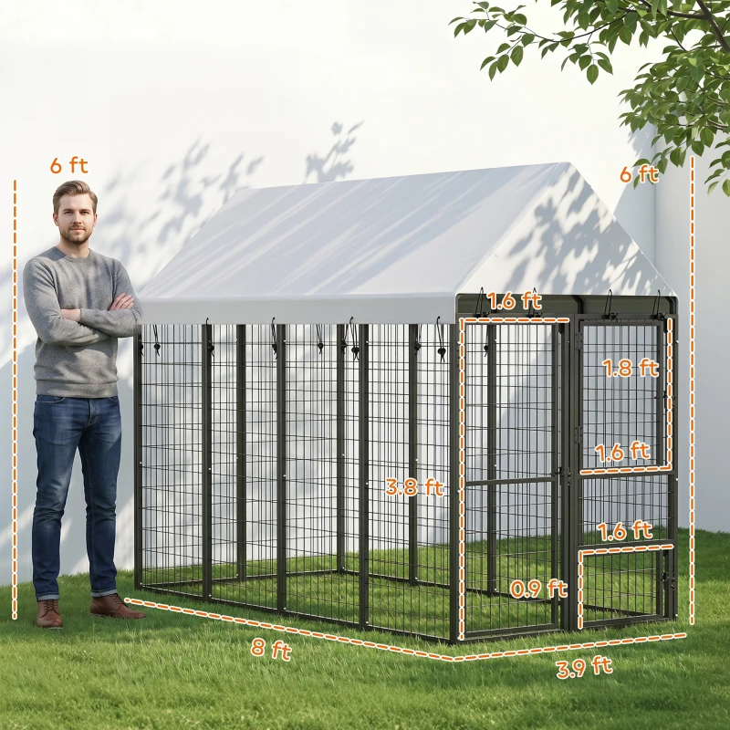 PawHut Large Dog Kennel Outdoor with Roof, 3 Doors, Expandable Heavy Duty Dog Kennel Dog Run for All Breed Sizes, 8' x 4' x 6'