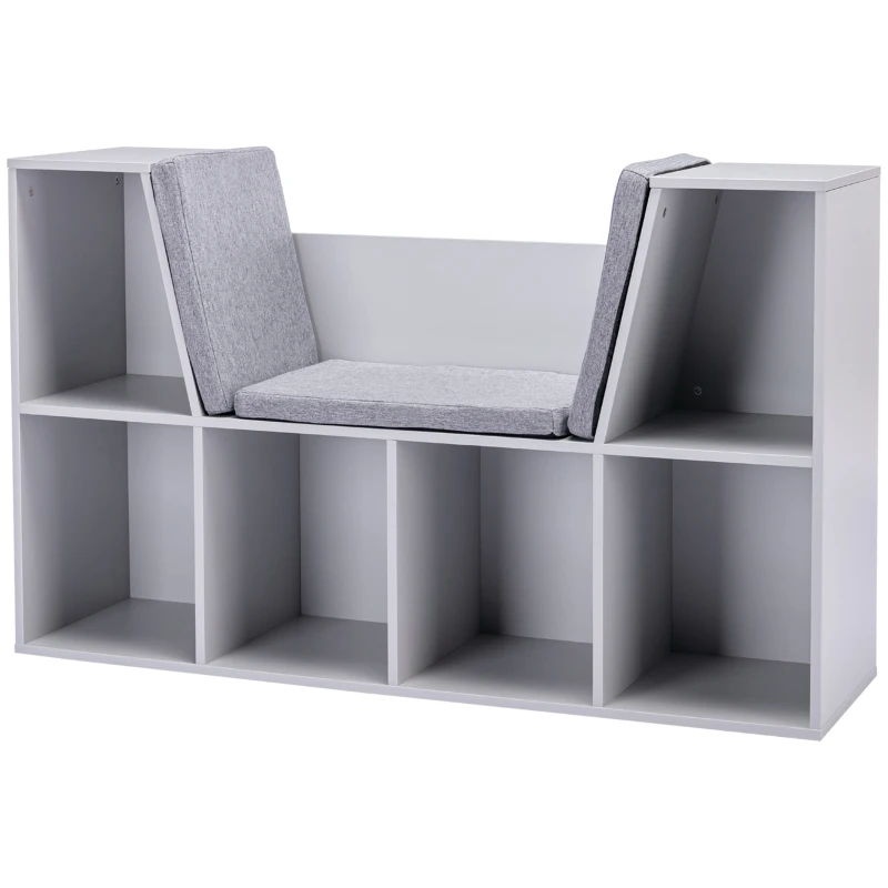 HOMCOM 6-Cubby Kids Bookcase with Reading Nook and Cushion, Multi-Purpose Storage Organizer for Bedroom, Living Room, Grey