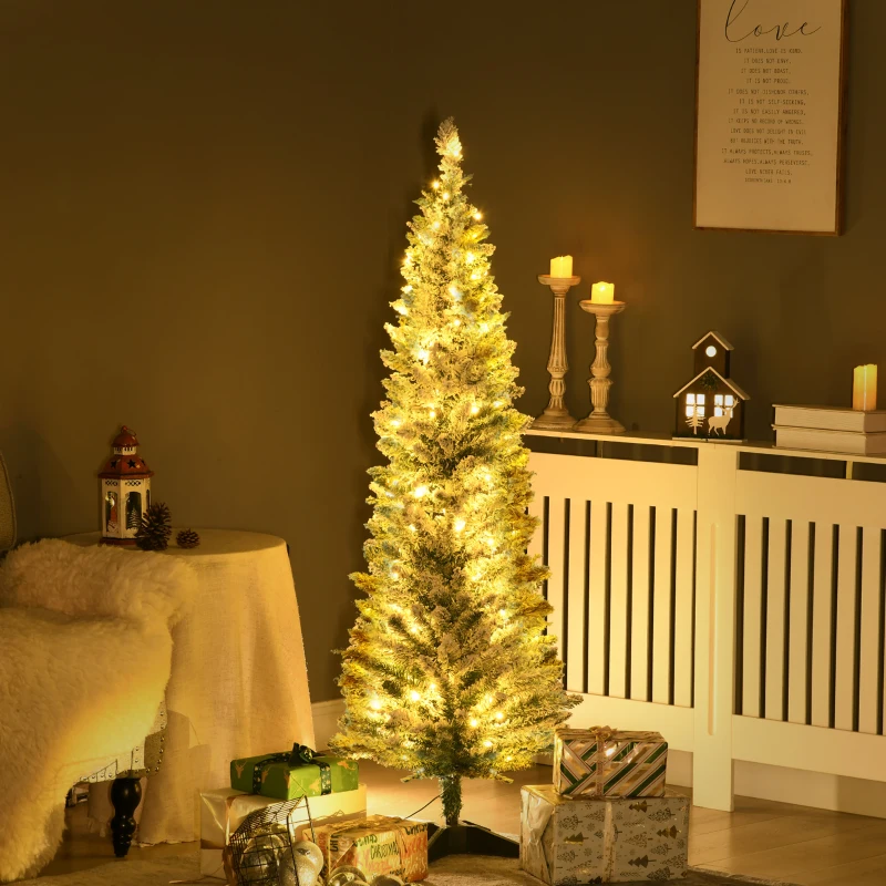 HOMCOM 5ft Pencil Christmas Tree, Slim Artificial Christmas Tree with Realistic Branches and Warm White LED Lights, Green
