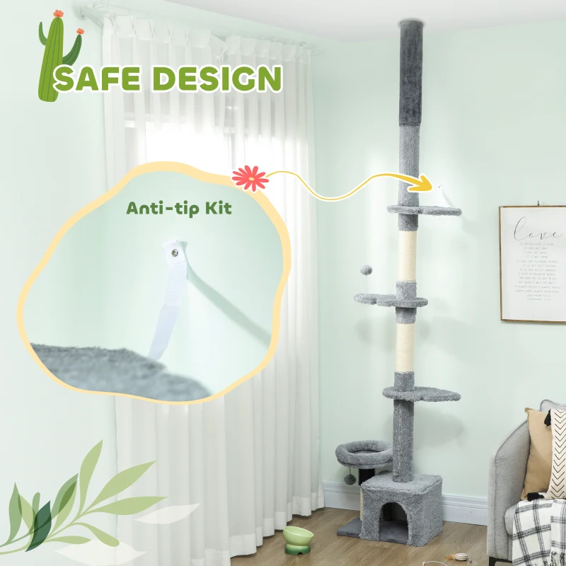 PawHut Floor to Ceiling Cat Tree, 4 Tiers Tall Kitty Climbing Tower with Scratching Post, Adjustable Height 87-100"