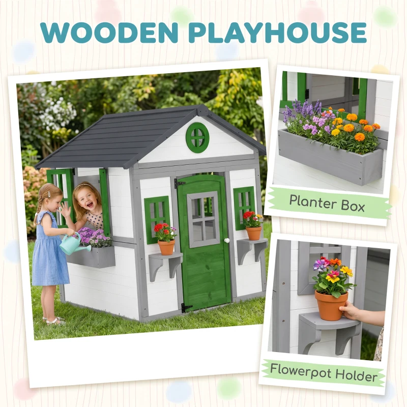 Outsunny Wooden Playhouse for Kids Outdoor with Doors, Windows, Planter Pots and Boxes for Toddlers 3-8 Years, White