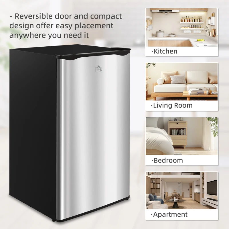 HOMCOM 3.2 Cu.Ft Mini Fridge with Freezer, Compact Refrigerator with Adjustable Thermostat, Shelf and Single Reversible Door for Bedroom, Dorm, Home Office, Energy Efficient, Silver