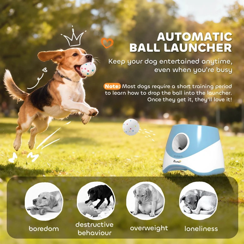 PawHut Automatic Dog Ball Launcher with 5 ETPU Balls 2.3", 3 Distance Settings 20ft, 33ft, 46ft, Blue