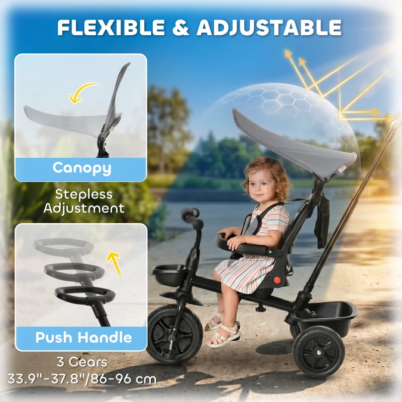 Qaba Tricycle for Toddler 5 in 1 Kids Trike, Converts Stroller to Toddler Bike, Adjustable Backrest & Flat Canopy, Detachable Guardrail & Handle for 1-5 Years Old, Grey