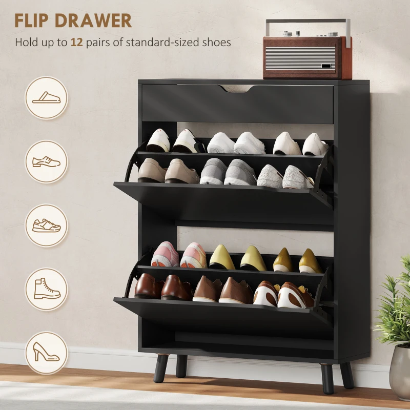 HOMCOM Narrow Shoe Cabinet for Entryway with 2 Flip Drawers, Top Drawer and Adjustable Shelves for 12 Pairs of Shoes, Black