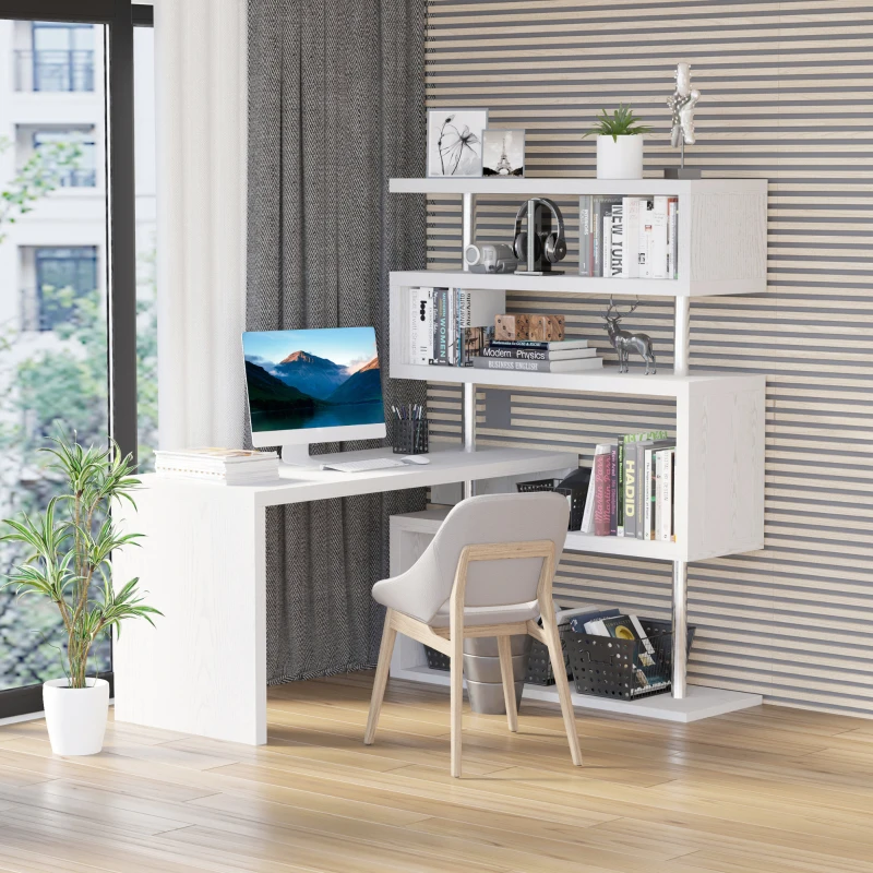HOMCOM 94" 5 Tier L-Shaped Computer Desk Rotating Writing Table Corner Desk with Display Shelves and Stainless Steel Frame, White