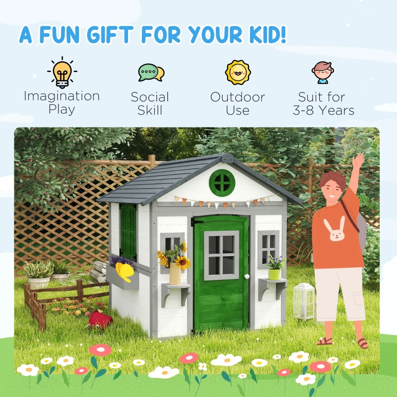 Outsunny Wooden Playhouse for Kids Outdoor with Door, Windows, Planter Pots and Boxes for Toddlers 3-8 Years, White