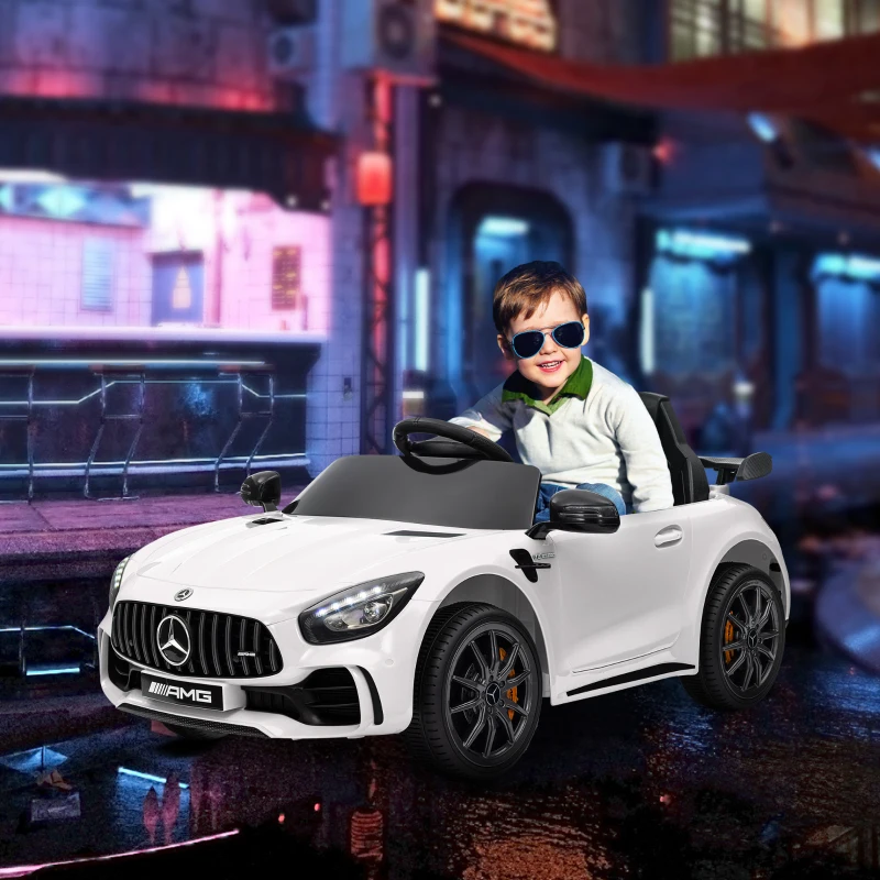 Qaba Mercedes-Benz AMG GTR Licensed 12V Battery Powered Kids Electric Car w/ Remote Control & Soft Start, White