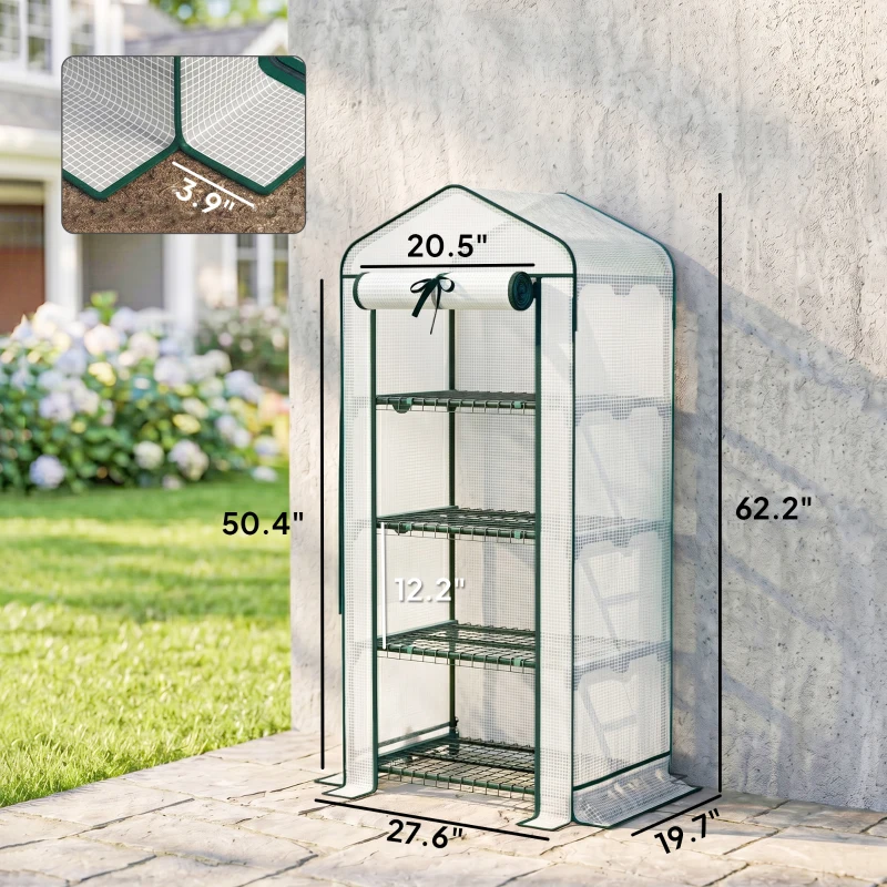 Outsunny Mini Greenhouse with Screen Roof, 4 Tier Portable Small Greenhouse with High Strength PE Cover, White