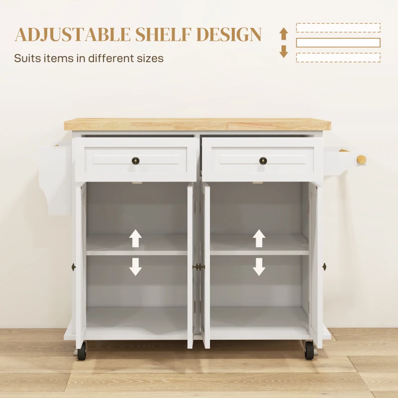 HOMCOM Kitchen Island on Wheels, Rolling Cart with Rubberwood Top, Spice Rack, Towel Rack and Drawers, Cream White