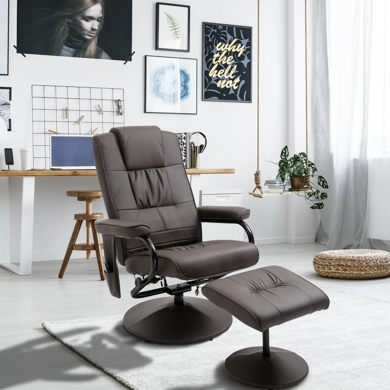 HOMCOM Massaging Faux Leather Recliner Chair and Ottoman Set, Swivel Vibration Massage Lounge Chair with Remote Control for Living Room, Bedroom, or Office, Brown