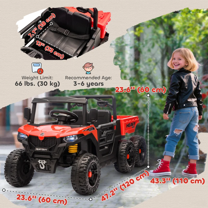Qaba 24V 4WD Kids Ride On Truck with 6 Wheels Electric Ride On Car with Remote, Dump Bed for 3-6 Years, Red