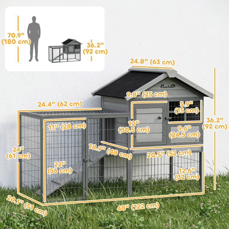 PawHut Rabbit Hutch Outdoor, 48"L Large Wooden Bunny Cage with Run, Grey
