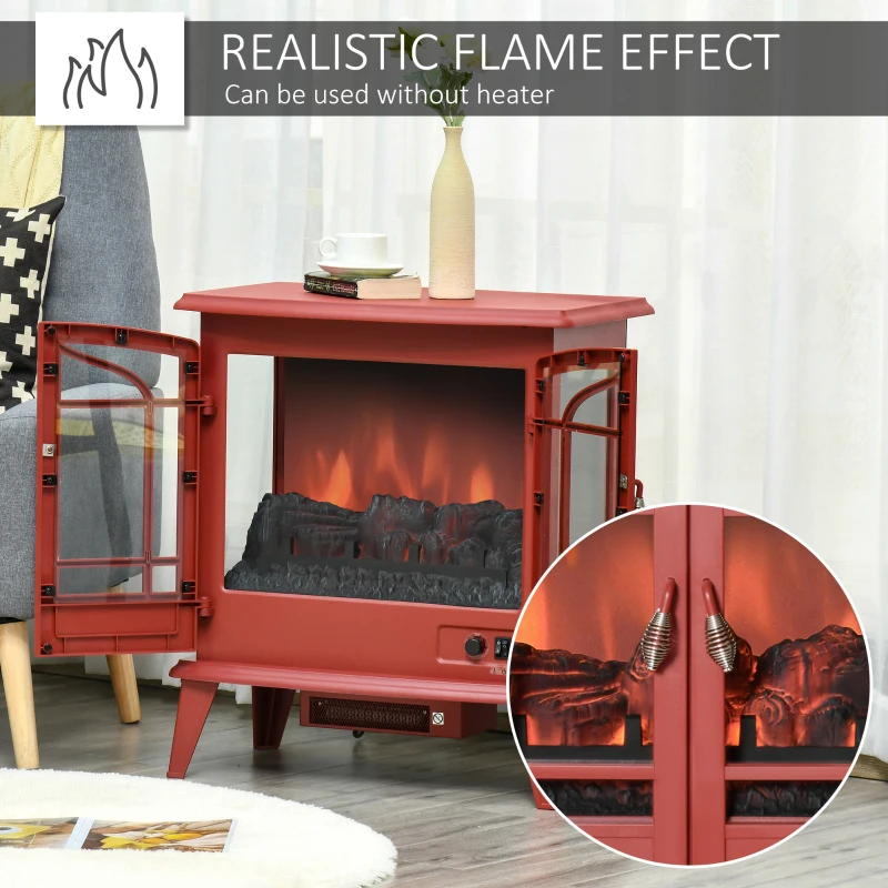 HOMCOM Electric Fireplace Heater, Freestanding Fireplace Stove with Realistic LED Log Flames and Overheating Safety Protection, 1400W, Red