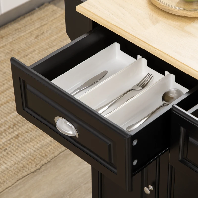 HOMCOM Triple-Cabinet Kitchen Island on Wheels, Kitchen Storage Cabinet with Drawers, Rolling Utility Cart, Black