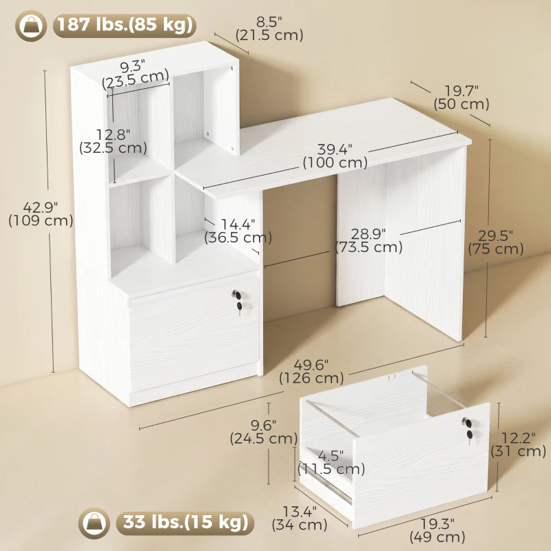 HOMCOM Computer Desk, Office Desk with Bookshelf, File Drawer and Legal Hanging File Holders, White Wood Grain