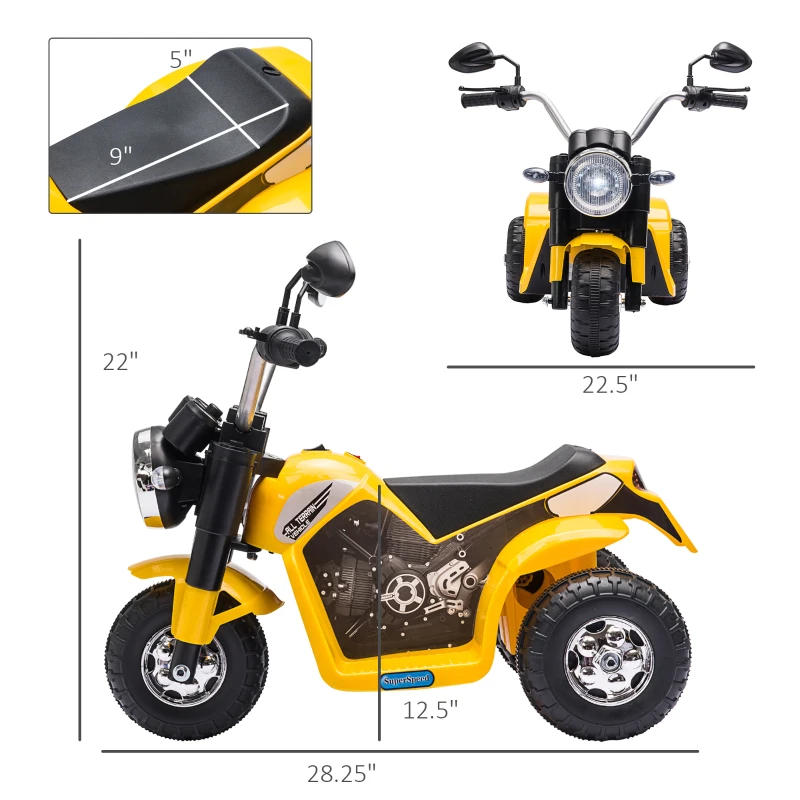 Aosom Electric Motorcycle for Kids, 6V Battery Powered Ride-On Dirt Bike 3-Wheels Motorbike with Horn Headlights Realistic Sounds Speed for 18 - 36 Months Yellow
